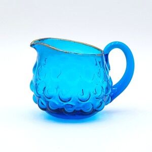 Vintage Blenko Blue Bubble Glass Mini Creamer Vineyard 6047-P Etched Mark 60s